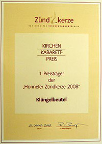 Urkunde zur Preisverleihung "Honnefer Zündkerze 2008"
